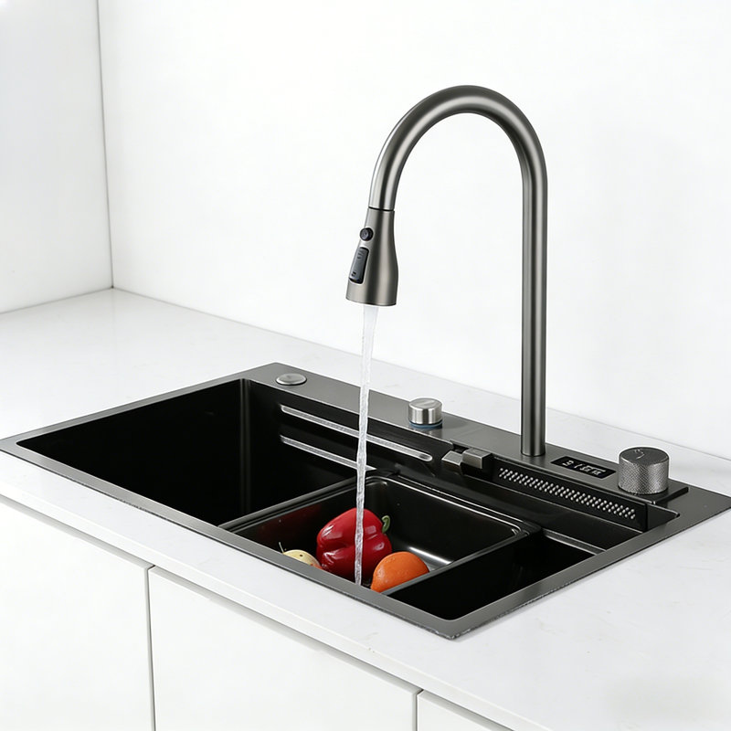 3Starz 29,5 po x 17,7 po Multifonctionnel utilitaire en acier inoxydable cascade de cuisine station de travail avec affichage de la température de l'eau Black Farmhouse