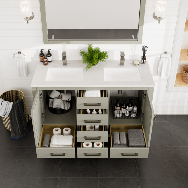 Eviva London 48"W X 18"D Double Sink Bathroom Vanity With White Carrara Quartz Countertop And Undermount Porcelain Sinks, 48"