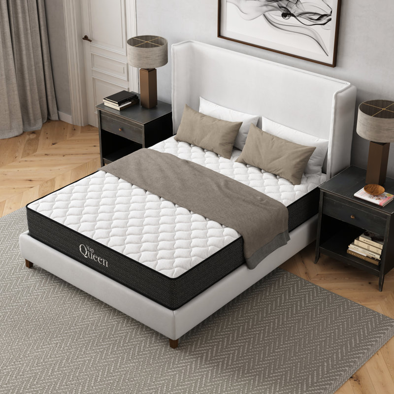 Matelas très grand en gel rafraîchissant de 12 pouces, pour le soutien de l'abdomen, soulagement, faible transfert de mouvement, eau, gris et blanc, rembourrage en mousse à mémoire de forme, composition à ressorts, base de lit réglable