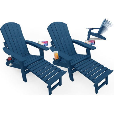 Ensemble de 2 chaises Adirondack pliantes réglables pour l'extérieur avec repose-pieds et 2 porte-gobelets pour patio, bord de piscine, patio et bleu marine