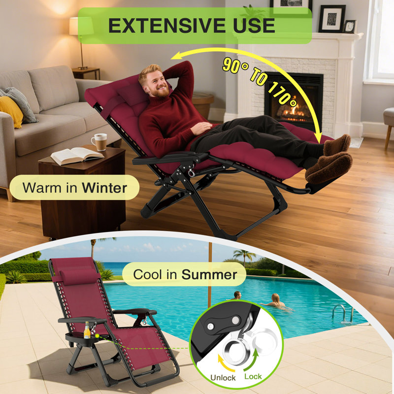 Zero Gravity Chair 2Pcs Set, 440 Lbs Heavy Duty Reclining Patio Lounge Chair With Cushion, Upgraded Aluminum Lock, Cup Holder & Pillow, Foldable Outdoor Lawn Chair