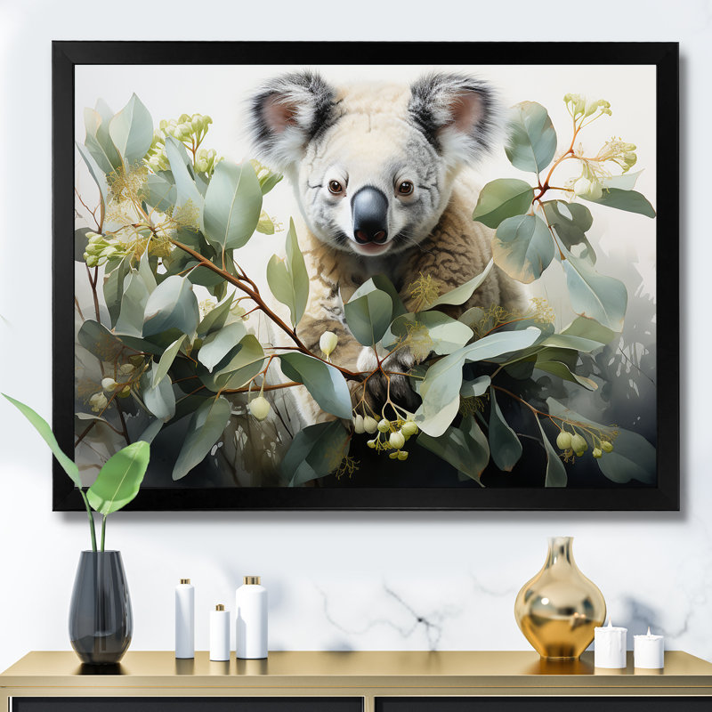 Aquarelle, Koala, arbre, observateur 3, art mural Koala, Cadre d'angle fermé noir, H 30 po x l 40 po x P 1,5 po