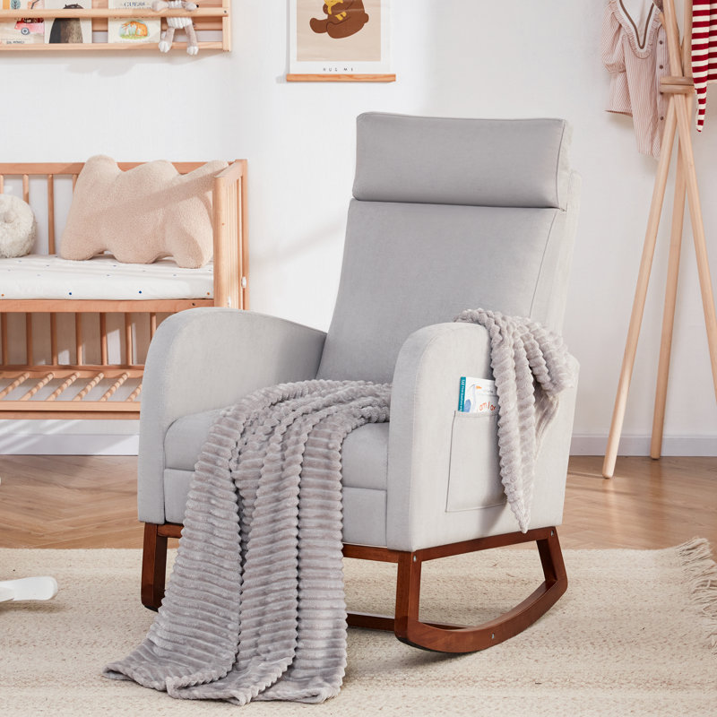 Chaise berçante rembourrée avec repose-pieds et dossier haut, Gris