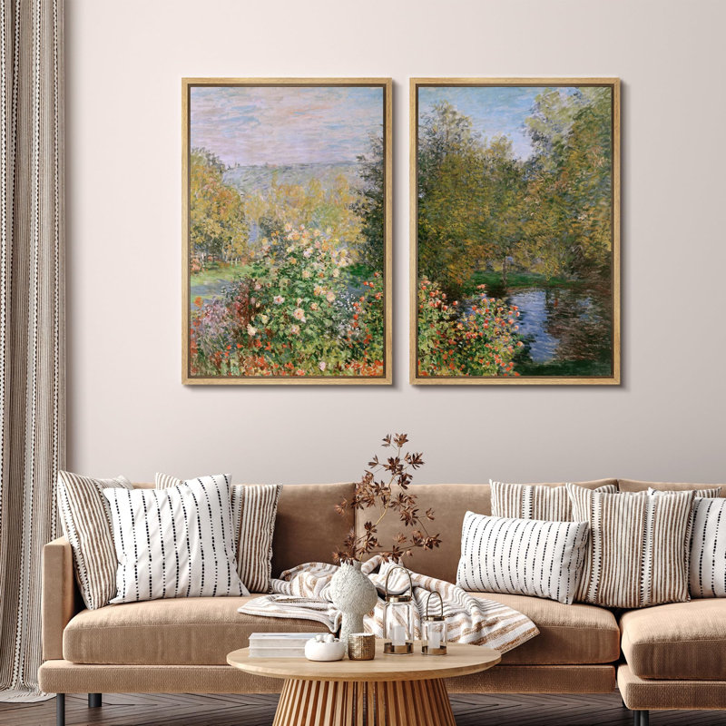«Garden Bloom By The Riverside Floral Impressionist», 2 pièces sur toile, H 36 po x l 48 po, Naturel