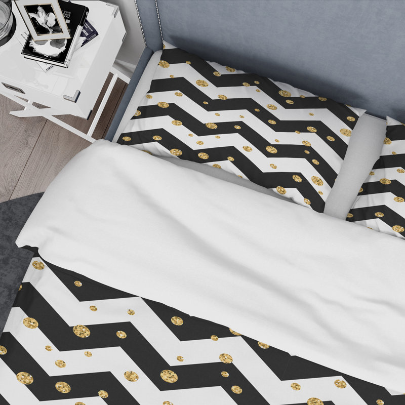 Ensemble de housse de couette en microfibre doré / noir / blanc 3 pièces, Housse de couette pour grand lit et 2 taies décor