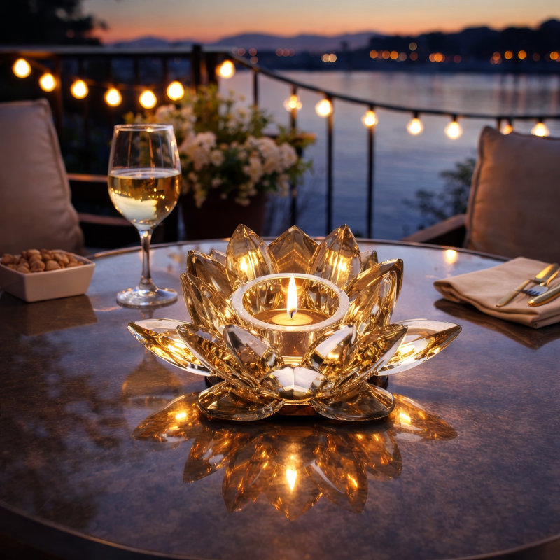 Decorative Candle Holder, Gold Amber Blooming Lotus Glass, 9 Inch