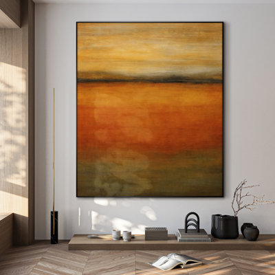 Très grand art mural imprimé sur toile - Paysage abstrait aux tons chauds, horizon orange et doré, œuvre d'art contemporaine pour le salon ou la chambre à coucher - «Assemblage requis du cadre (cadre non fini)»