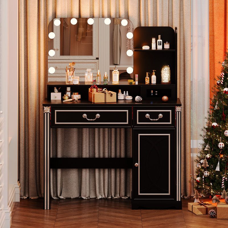 Bureau de coiffeuse avec miroir à DEL, tiroirs de rangement et prises de courant intégrées, Noir, noir, noir, noir