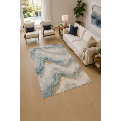 Tapis en marbre bleu et ivoire 5 pi x 7 pi «Ultra Léger» pour le salon, tapis doux à poils courts avec envers en silicone antidérapant, décoration pour la chambre à coucher et le bureau personnel