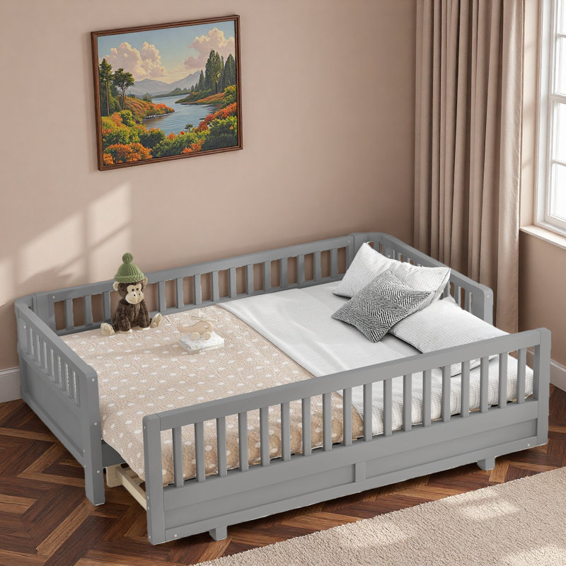 Lit plateforme avec garde-corps et taille convertible, Gris, Très grand simple