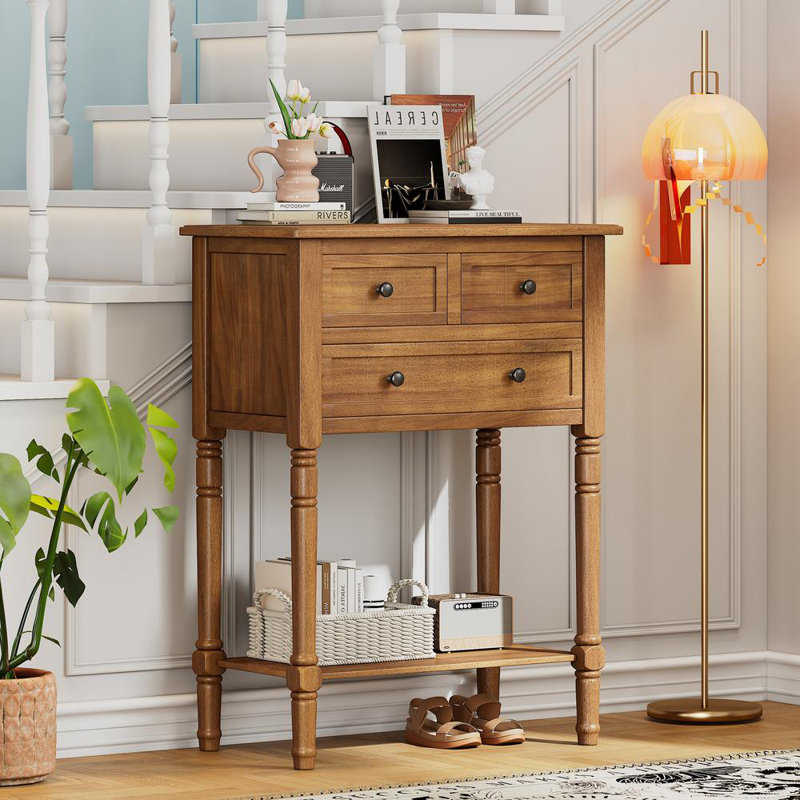 Narrow Console Table, Slim Sofa Table With Three Storage Drawers And Bottom Shelf, Natural