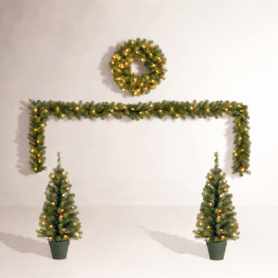 4 Piece Evergreen Assortment with Potted Base, LED Lights