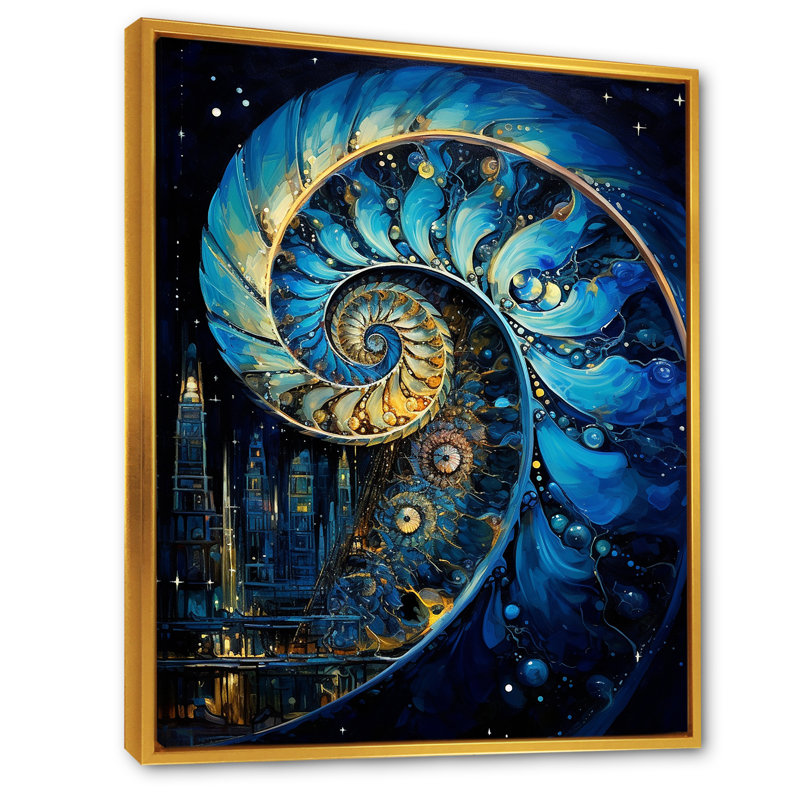 Nautilus, saphir, coquillages sur toile, H 32 po x l 24 po x P 1 po, Cadre flottant doré