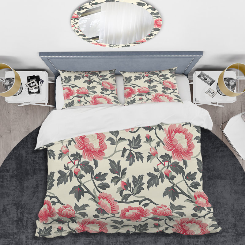 Ensemble de housse de couette moderne rose et vert Garden Dreams II, Housse de couette simple et deux taies décorative