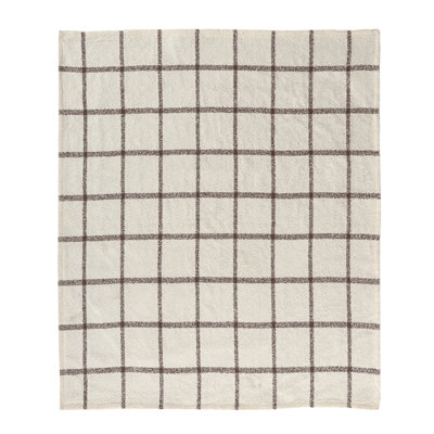 Ivory/Brown Transitional Checkered Hand-Woven Polyester Throw Blanket