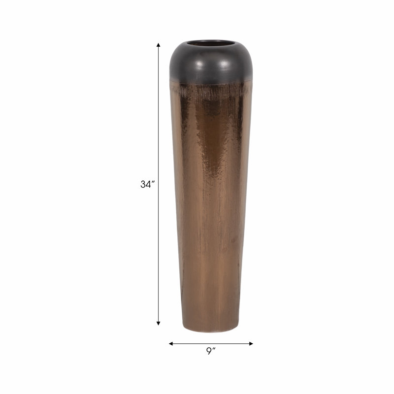 Textured Tapered Stoneware Ceramic Floor Vase for Console Table - Contemporary Tall Table Flower Vase for Home Decor Styling - Bronze & Copper
