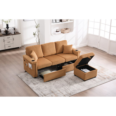 4 - Seat With Soft Corduroy Upholstery, Pull Out Storage, Spacious , Charging, Cup Holders And 7 Color Armrest Lighting For Relaxing Living Rooms Mustard Yellow L Shaped Corduroy, Multi Functional