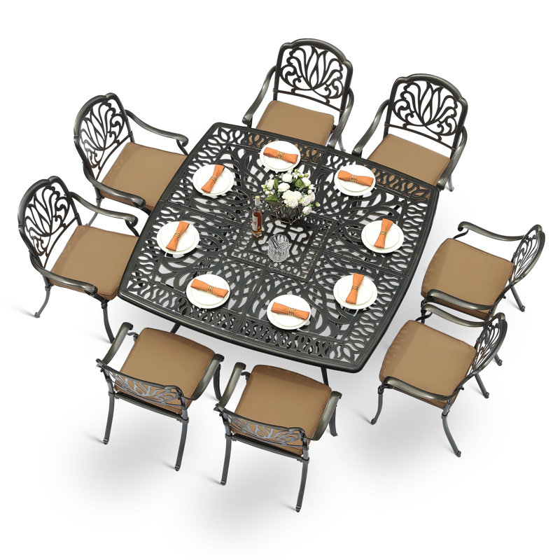 9-Piece Outdoor Furniture Dining Set For 8, All Weather Cast Aluminum Patio Dining Set- Large 64" Square Table With Umbrella Hole And 8 Cushioned Chairs, Patio Table And Chairs Set