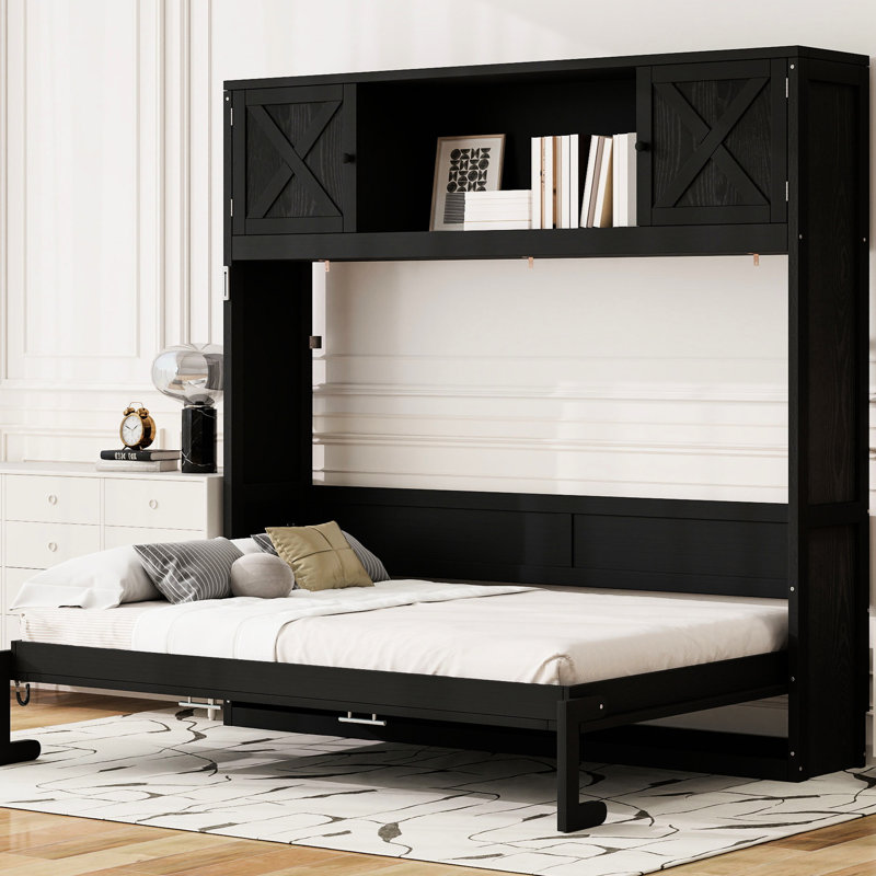 Lit double noir avec 3 armoires de rangement et espaces d'intimité, bois de pin massif, style rustique pour petites maisons en couleur, avec compartiments cachés, meubles