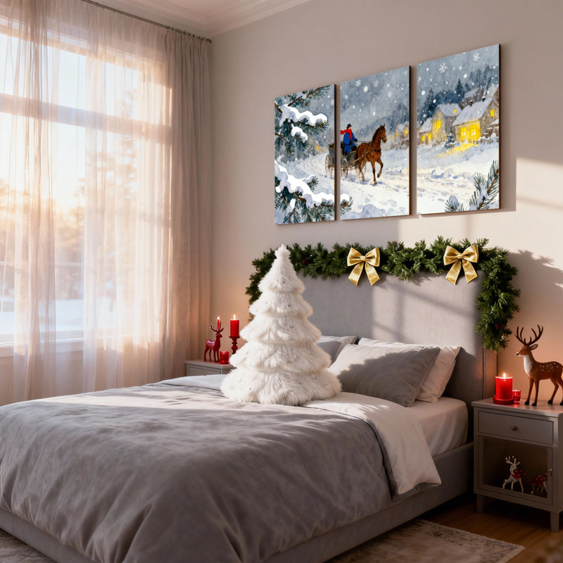 Scène de Noël en hiver, calèche enneigée, arbres de village, ensemble de 3 impressions sur toile, H 18 po x l 36 po