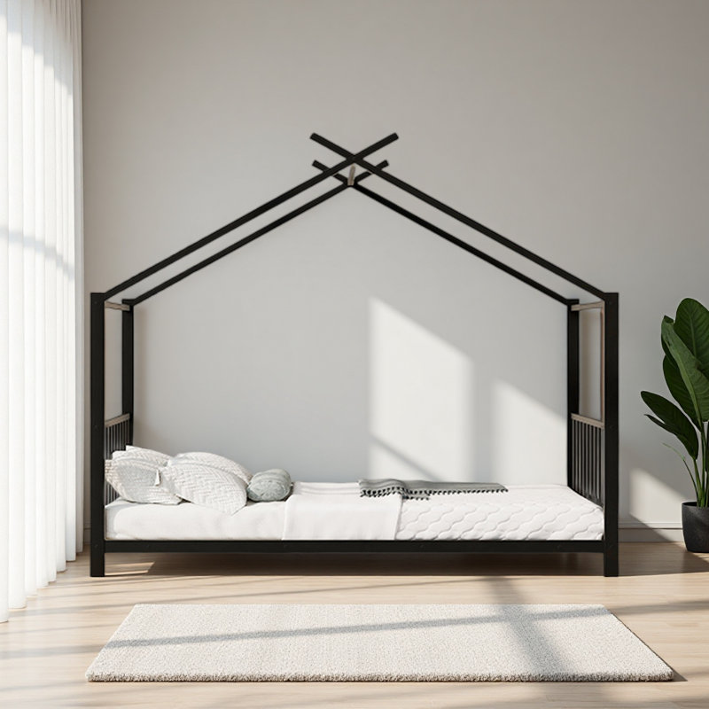 Twin Size Metal House Platform Bed, Black