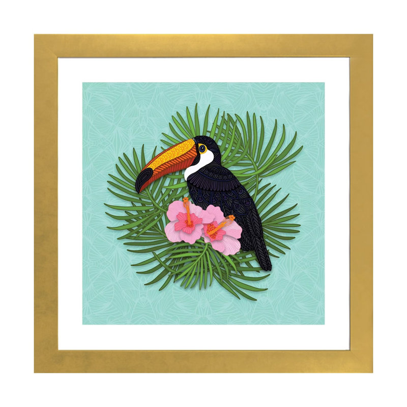 «Toucan Summer» par Angelika Parker, impression, H 16 po x l 16 po x p 1 po, Papier encadré doré, Blanc