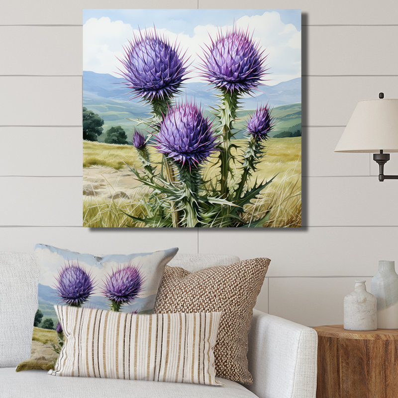 Champ de fleurs de chardon mauve - chardon, art mural, H 16 po x l 16 po x P 1 po