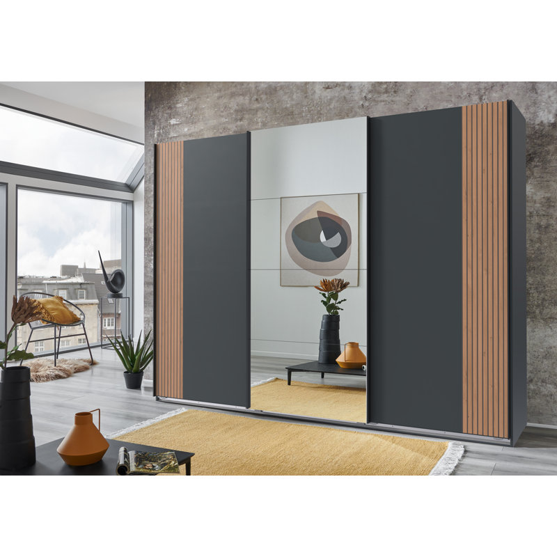 Alvernia 3 Door Manufactured Wood Wardrobe, 208cm H x 270cm W x 64cm D, Silver/Black