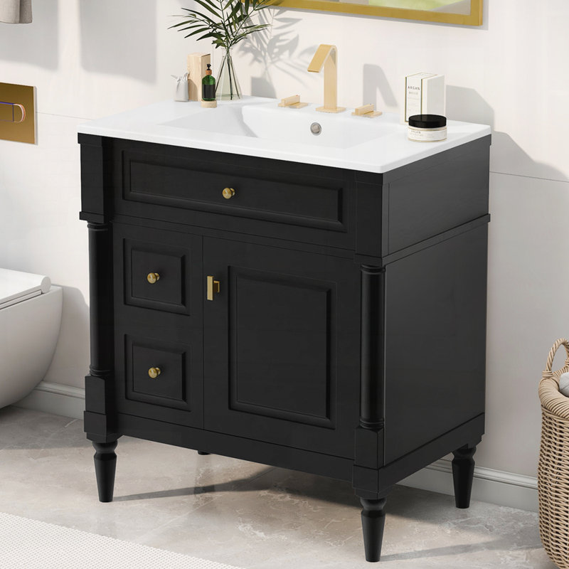 Meuble-lavabo autoportant avec tiroir rabattable et tablette réglable 30 po, Noir, 30"