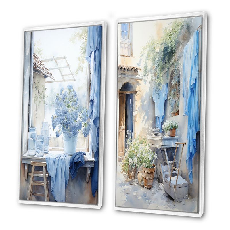 «Washday Blues In France II - Laundry Art», ensemble de 2 impressions murales, H 40 po x l 41 po, Cadre flottant blanc