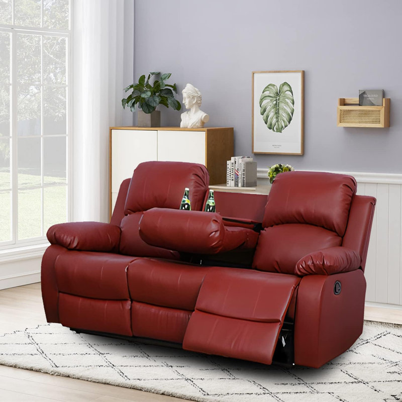82'' Faux Leather Reclining Sofa, Red Faux Leather