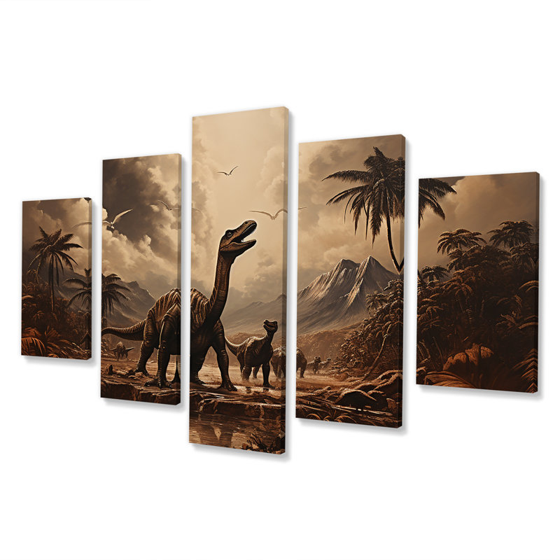 «Dinosaure rétro paysage de dinosaure II», ensemble d'art mural multi-panneaux