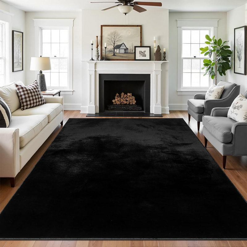 Silky Soft Faux Rabbit Fur Area Rug, Rectangle 6' x 9', Black