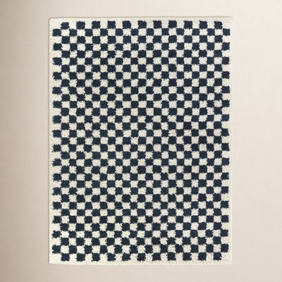 Walker Navy Blue White Checkered Shag Rug