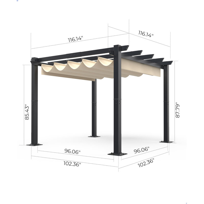 Retractable Canopy Aluminum Pergola with Enhanced Metal Structure, Adjustable Sun Shade for Patio or Garden, 10x10 FT (Grey)