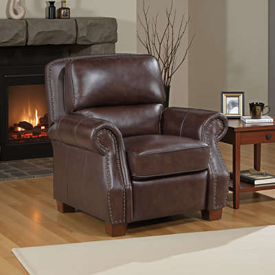 Southlake 40.5" Traditional Top Grain Leather Match Push Back Reclining Chair with Elegant Nailhead Trim & Solid Wood Feet by Alcott Hill