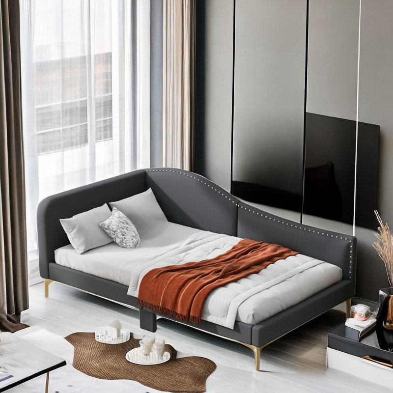 Jivko Upholstered Daybed with Headboard and Armrest, Gray, Twin