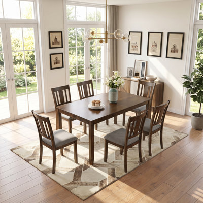 Modern 7-Piece Dining Table Set with 6 Upholstered Chairs, Rectangular Wood Table and Comfortable Seating for Family Dining Room