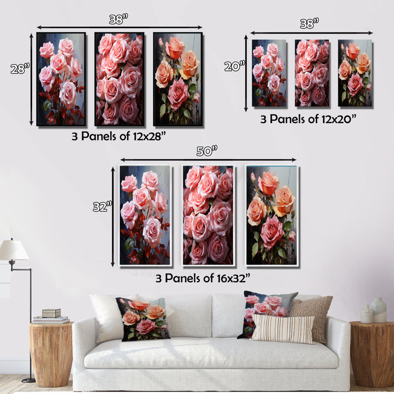"Bouquet de roses ravissantes" - 3 pièces sur toile, Cadre flottant doré, H 40 po x l 60 po