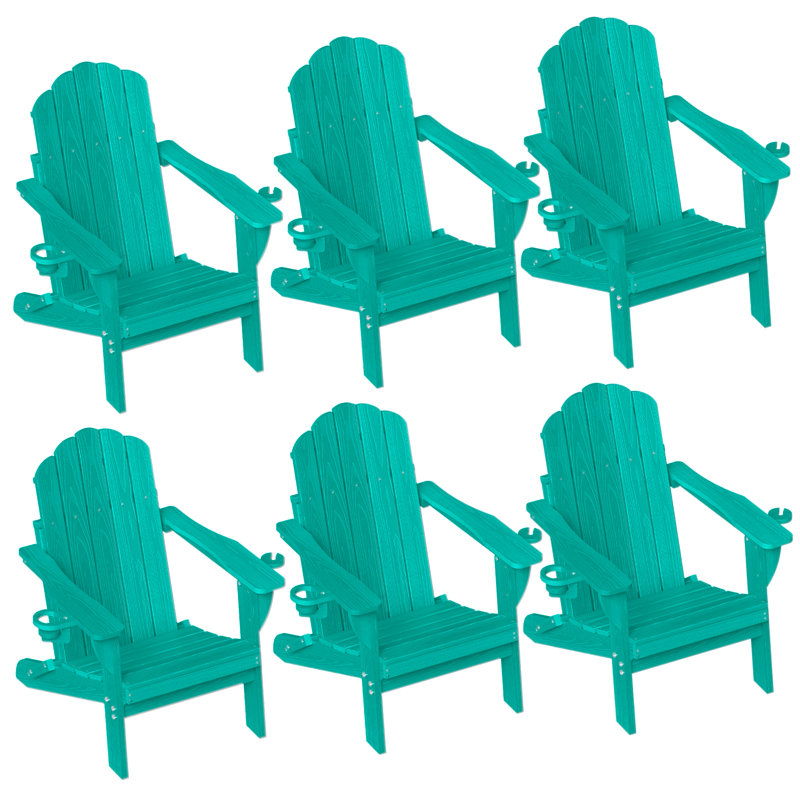 HDPE Adirondack Foldable Chair Wood Texture With Cup Holder(Set Of 6), Teal