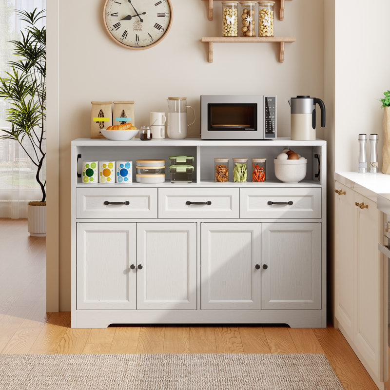 Solid Wood Farmhouse Buffet Cabinet – Charging Port, 3 Drawers, 4 Doors & Adjustable Storage, White