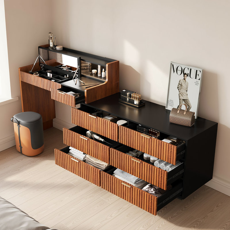 98.4-Inch Convertible L-Shaped Extendable Vanity Table, Featuring A Flip-Up Mirror, 6 Large Storage Drawers And 1 Small Storage Drawer, Glass Doors, And An Additional Shelf With Built-In LED Lighting