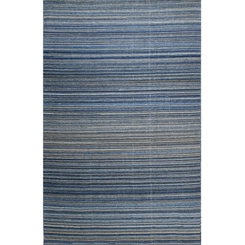 5x8 Blue Hand-Knotted Wool Horizon Stripe Geometric Modern Contemporary Carpet Rug