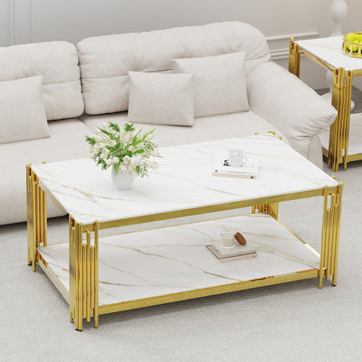 43.3" L X 23.6" W 2-tier Rectangular Slate Top Coffee Table For Living Room