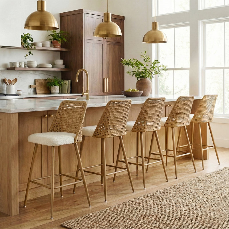 5-Piece 27" Upholstered Boucle Rattan Full Back Counter Stool