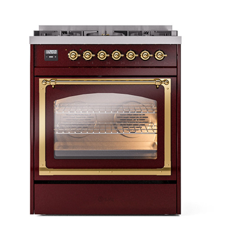 ILVE Nostalgie II Noblesse 30 in Dual Fuel Range, Liquid Propane, Burgundy/Brass
