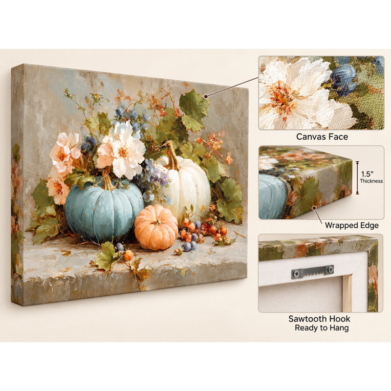 Automne citrouilles et fleurs sur toile tendue, H 30 po x l 40 po