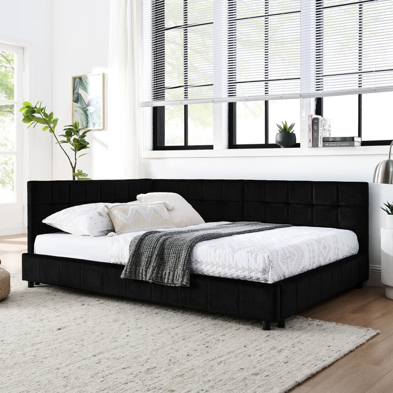 Lit tapissier double avec velours - Structure solide et stable pour salon noir avec structure pour