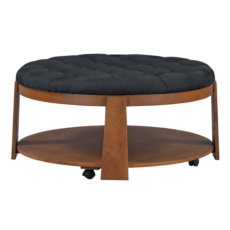 Versatile Tufted Ottoman Coffee Table with Shelf and Wheels for Living Room, Black/Brown