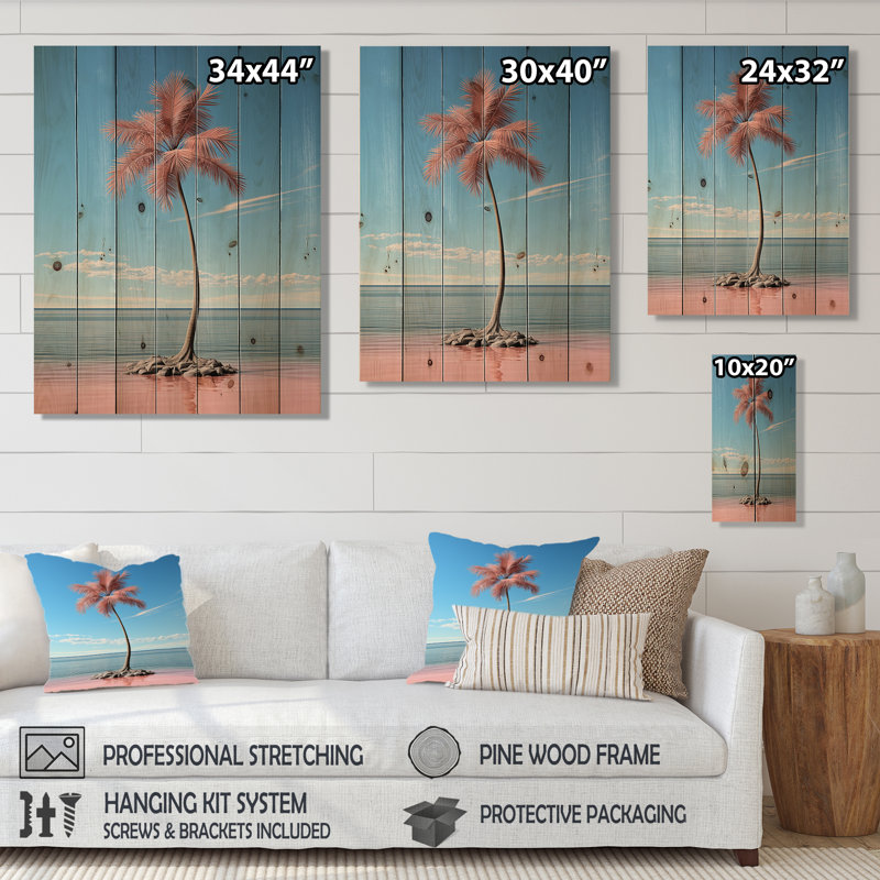 Brise de mer bleue et rose Plam Tree I - art mural en bois côtier sur bois de pin naturel, H 40 po x l 30 po